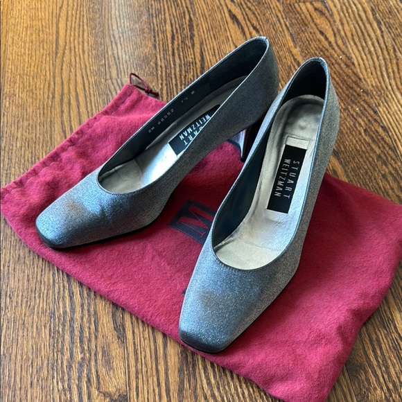 Stuart Weitzman Silver Women's 7.5 Square Toe Block Heel Shoes - Picture 1 of 6